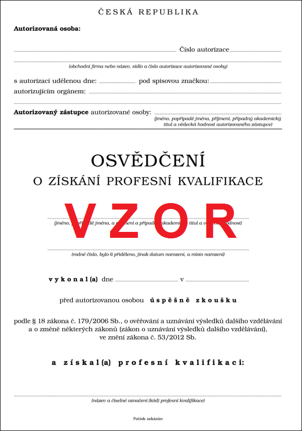 Vzor Osvědčení o profesní kvalifikaci