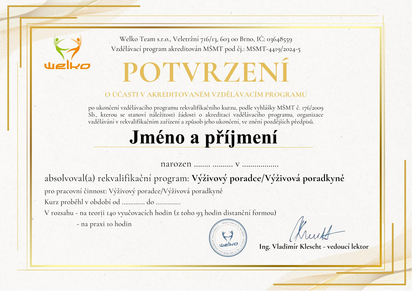 Vzor Potvrzení o účasti v rekvalifikačním vzdělávacím programu